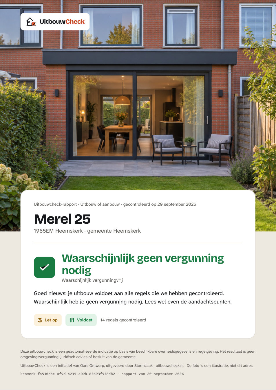 Omslag van het voorbeeldrapport: een foto van een uitbouw, het adres Merel 25 en de groene uitkomst 'Waarschijnlijk geen vergunning nodig'.