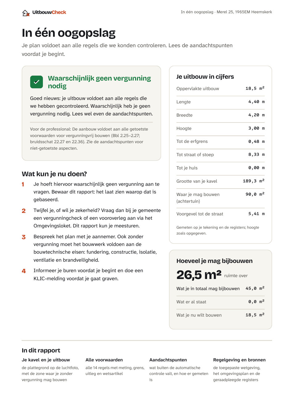 Pagina 'In één oogopslag' met het oordeel, vier vervolgstappen en een tabel met de maten van de uitbouw.