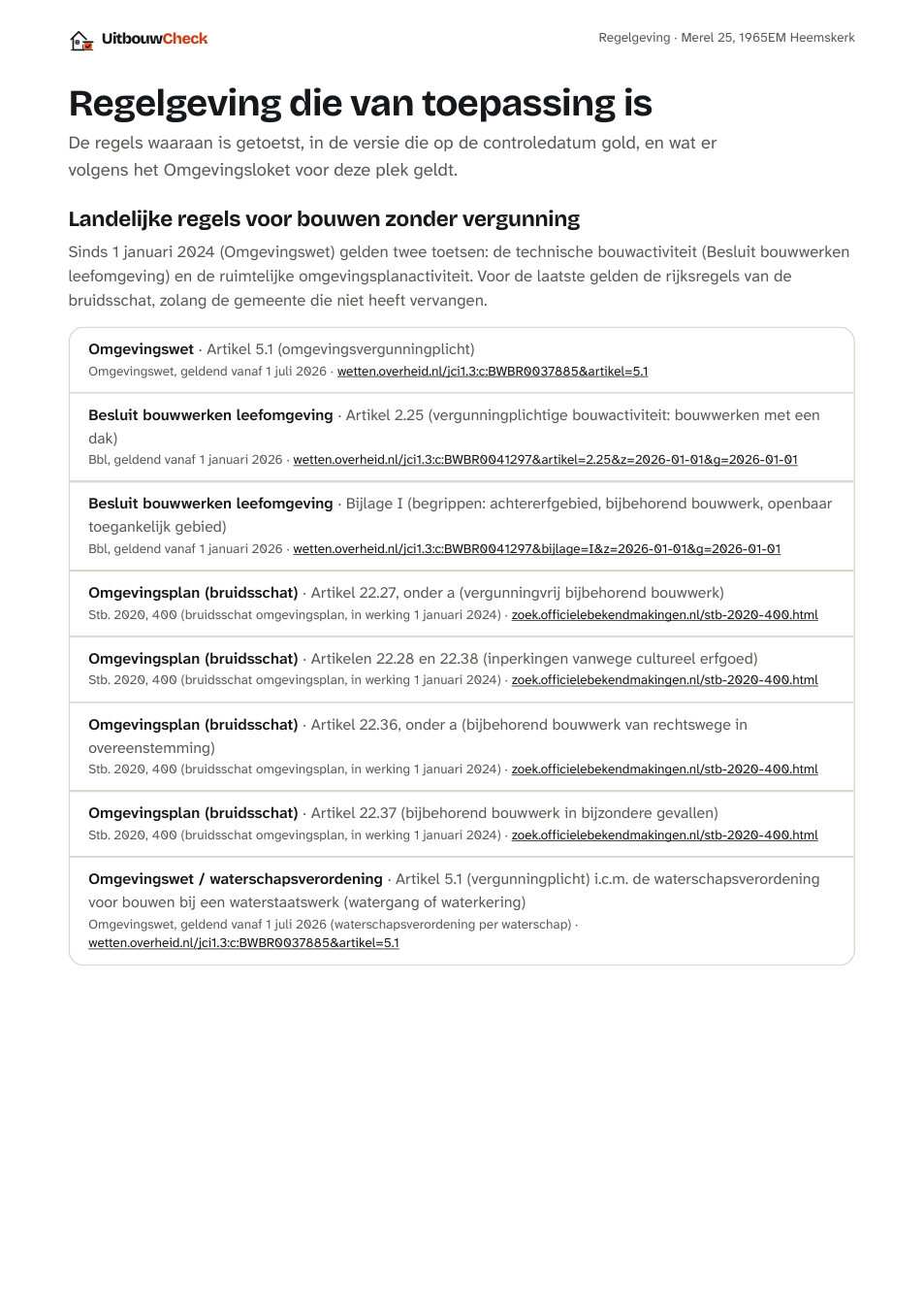 Pagina 'Regelgeving die van toepassing is' met de toegepaste wetsartikelen, elk met versie en link.